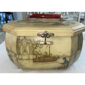 Vintage Wooden Decoupage Anton Pieck Printed Box Purse Lucite Handle Umbrella
